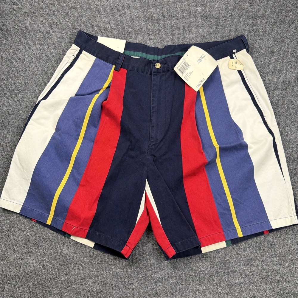Vintage 90's Nautica Multi Color Vertical Stripe Chino Shorts Men's 38 Deadstock